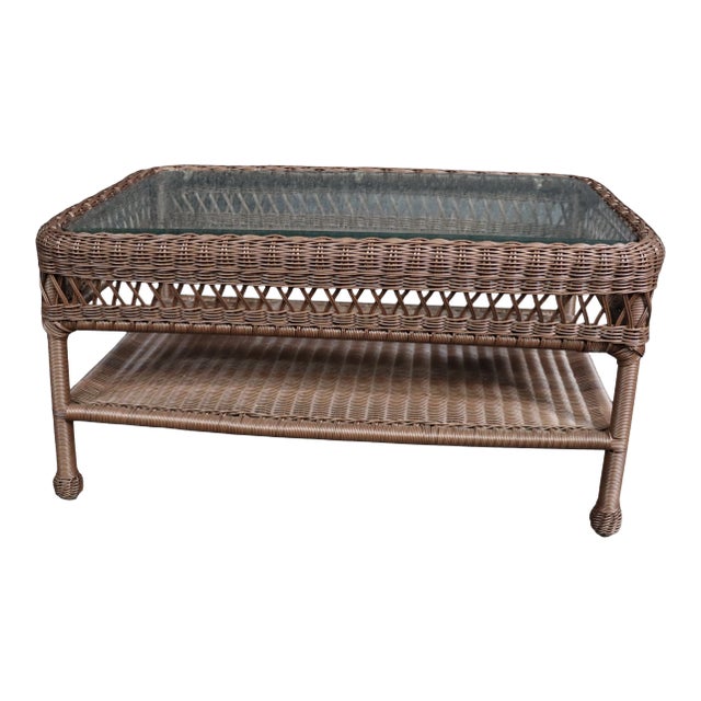 Resin Wicker and Glasstop Coffee Table For Sale