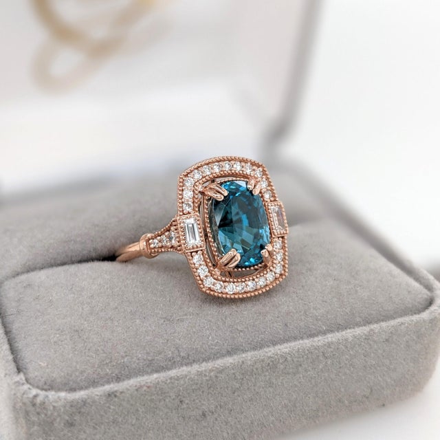 5.4Ct Blue Zircon Ring With Earth Mined Diamonds: Solid 14k Gold, Cushion 10x7mm, Size 6.75 For Sale In Columbus - Image 6 of 9