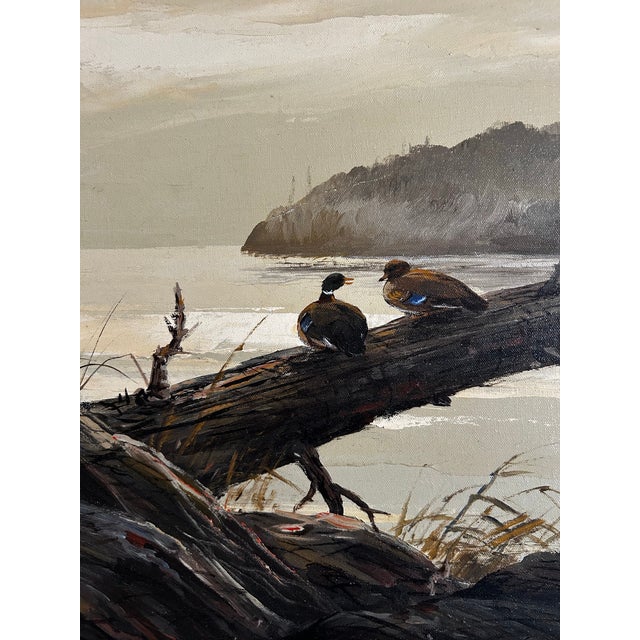 Vintage 1970’s Landscape Oil on Canvas Painting of Ducks on Lake Signed Trinidad For Sale - Image 4 of 7