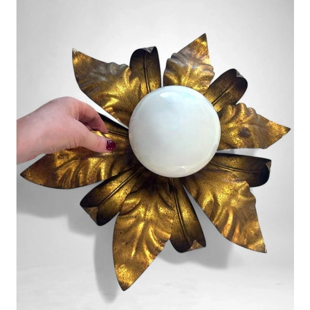 Mid 20th Century Italian Gilt Brass and Opaline Glass Flush Mount Ceiling or Wall Light For Sale - Image 17 of 18