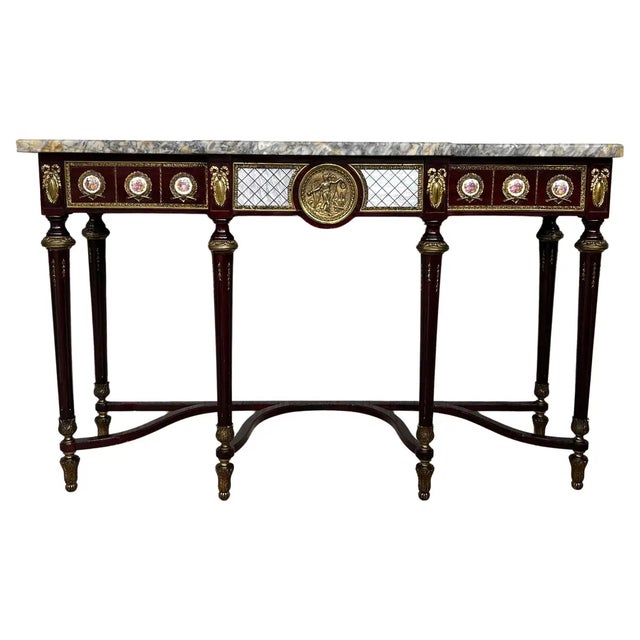 French Console Napoleon III Style Mahogany and Brass With Porcelain Plaques For Sale - Image 13 of 13