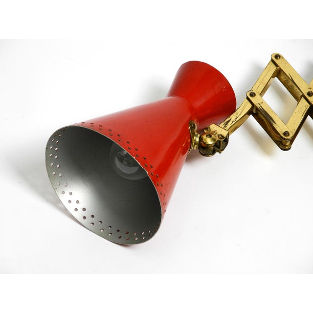 Mid-Century Brass Extendable Scissor Wall Lamp with Aluminum Diabolo Shade in Red and Brass, 1950s For Sale - Image 13 of 18