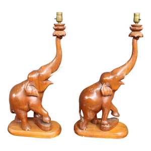 Carved Walnut & Oak Elephant Table Lamps