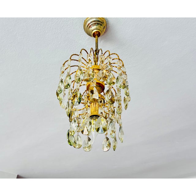 French 1970s French Style Hand-Painted Soft Green Crystal Waterfall Brass Chandelier For Sale - Image 3 of 9