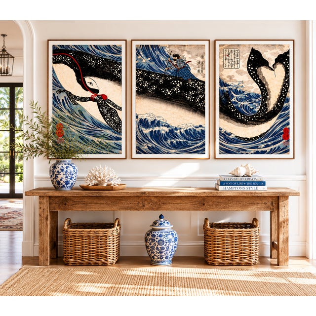 Vintage Japanese whale artwork from the 19th century, reproduced and refined for modern printing. This dramatic coastal...