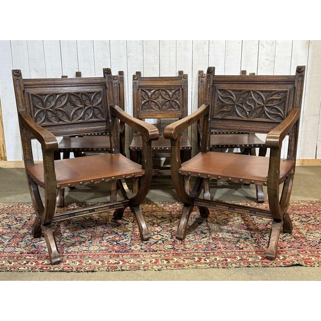 Chairs and Armchairs in Oak and Leather with Gothic Decoration, 1930s, Set of 8 For Sale - Image 16 of 18