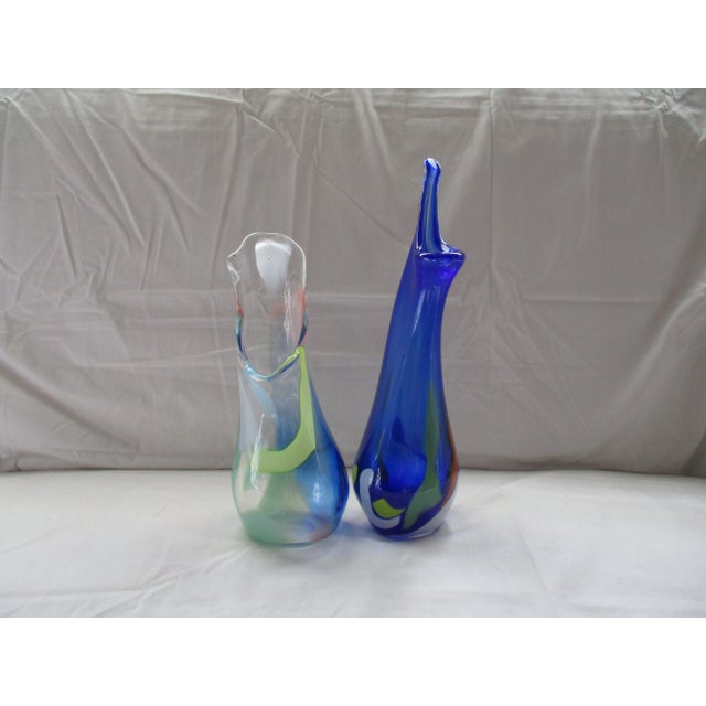 This is a Beautiful Pair of Mid Century Modern Atomic Abstract Swung Art Glass Vases one that is clear with Blue, Green &...