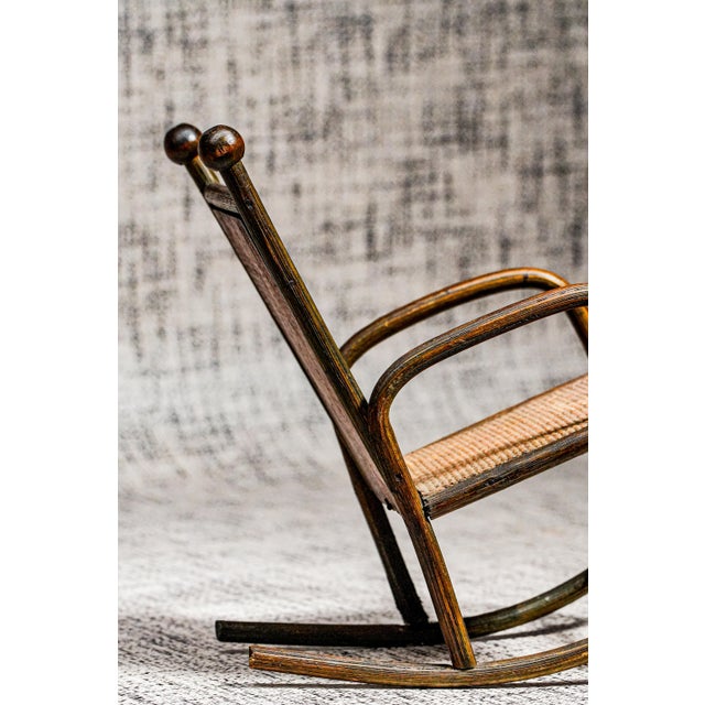 Hand Made Antique Wood Rattan Miniature Rocking Chair Furniture Primitive Folk Art For Sale - Image 9 of 11