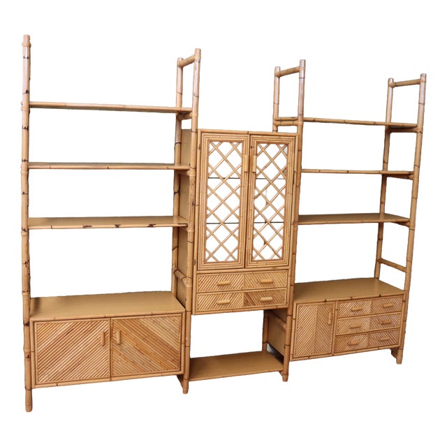 Large Italian Rattan and Bamboo Bookcase, 1960s For Sale