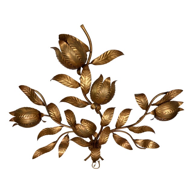Hollywood Regency Gold-Colored Floral Brass Wall Lamp by Hans Kögl, 1960s For Sale