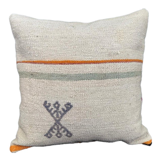 Turkish Hemp Pillow Cushion Natural Beige Orange Cushion Cover 20"x20" For Sale