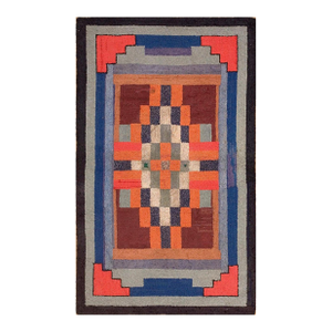 1920s Multicolor Geometric Modern Hand Knotted Antique American Hooked Rug 3'6" X 5'6" Wool Carpet