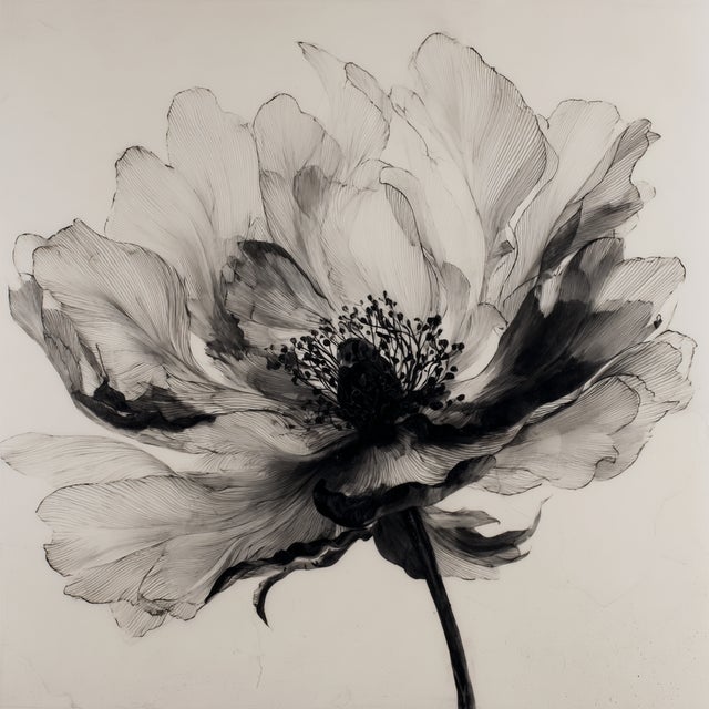 A striking black-and-white botanical study reproduced from an original ink drawing created in 1980. The artwork presents a...