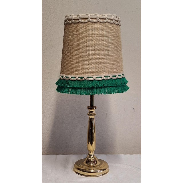 Vintage Brass Pilot Table Lamp with Fabric Shade and Green Trim, 1990s, in Very Good conditions. Designed 1990 to 1999...
