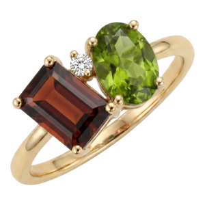 Dainty Mixed-Cut Cluster Ring - Garnet and Peridot Dual Birthstone Ring - Delicate 18k Gold Plated Silver Stacking Band Us 7