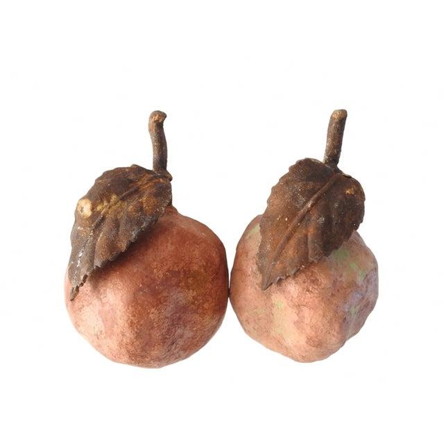 Mediterranean Late 20th Century Artisan Hand-Molded Terracotta Pomegranate Sculptures With Metal Foliage - Pair For Sale - Image 3 of 9