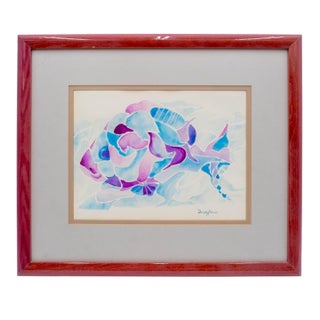 Framed Abstract Watercolor Fish Art Signed For Sale