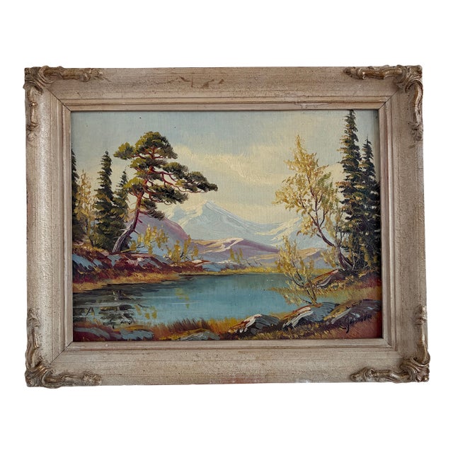 Vintage Original Landscape Oil Painting, Framed Mountain River Art For Sale