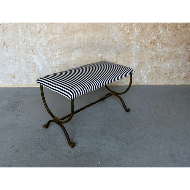 Mid-Century Modern Vintage Inspired Spanish Gilt Iron Bench With Scrolled Base and Striped Ticking Upholstery For Sale - Image 3 of 12