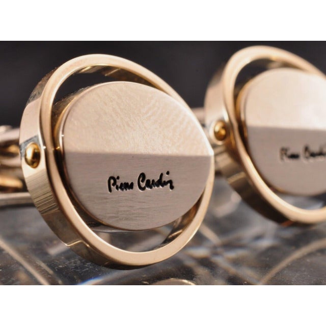 Vintage PIERRE CARDIN Steel & Gold Plate Logo Cufflinks, Original Case Circa1960 For Sale - Image 9 of 12