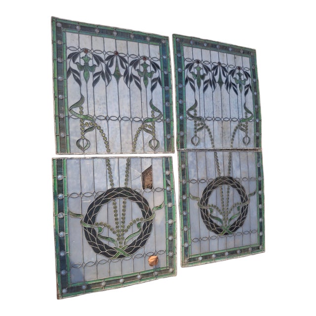 Two Sets of Art Nouveau Style Floral and Ribbon or Wreath Motifs, Complete With Green and White Opalescent/Textured Glass and Jewel Accents For Sale