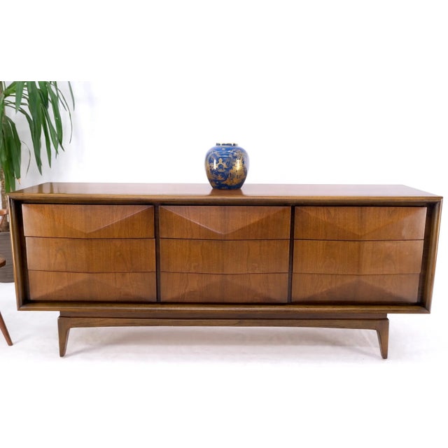 Mid-Century Modern Sculpted Walnut 9 Diamond Front Drawers Dresser For Sale - Image 9 of 13