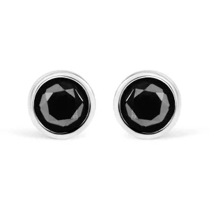 .925 Sterling Silver 1.00 Cttw Round Brilliant-Cut Black Diamond Bezel-Set Stud Earrings with Screw Backs (Fancy Color-Enhanced, I2-I3 Clarity)