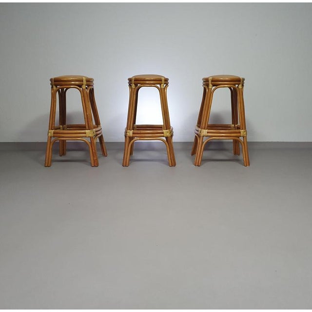 Bamboo Stools with Leather Seats, 1970s, Set of 3 For Sale - Image 5 of 15