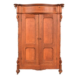 Antique Victorian Carved Oak Wardrobe or Armoire Dresser, Circa 1890s For Sale