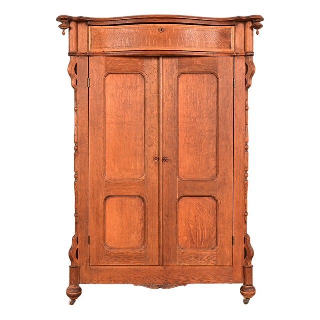 Antique Victorian Carved Oak Wardrobe or Armoire Dresser, Circa 1890s For Sale