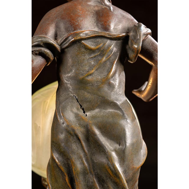 1910s Art Nouveau Figural Lamp With Uranium Glass Shade by Anglade For Sale - Image 10 of 14