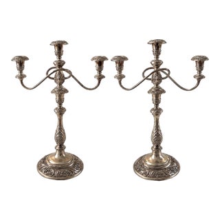Vintage Heritage Rogers Bros Ornate Silverplate 3-Arm Candelabra Pair For Sale