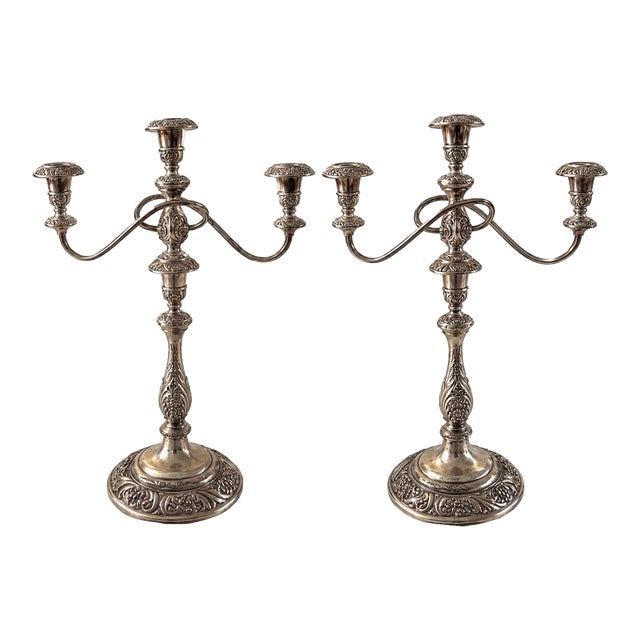 Vintage Heritage Rogers Bros Ornate Silverplate 3-Arm Candelabra Pair For Sale