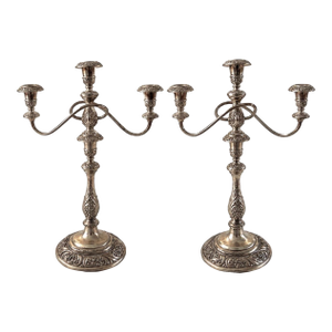 Vintage Heritage Rogers Bros Ornate Silverplate 3-Arm Candelabra Pair
