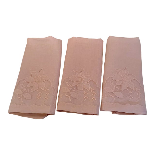 Three Vintage Pale Pale Pink Madeira Linen & Organza Fingertip Towels For Sale