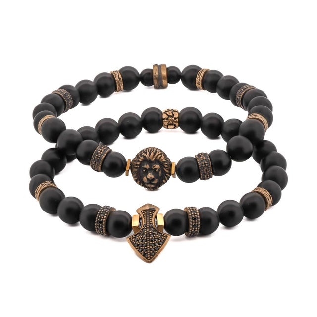 Metal Powerful Lion & Diamond Arrow Black Onyx Bracelet Set For Sale - Image 7 of 7