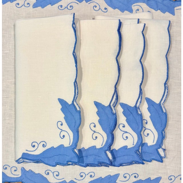French Vintage Cornflower Blue Embroidered French Linen Placemat and Dinner Napkin Set- 8 Pieces For Sale - Image 3 of 10