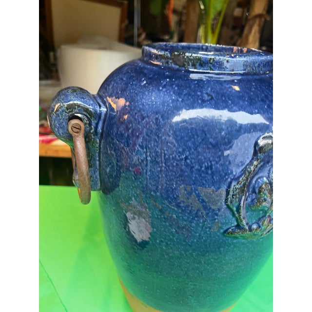 1970s Oversized Blue Ceramic Vase With Metal Ears For Sale In Atlanta - Image 6 of 11
