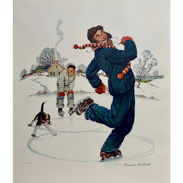 1970s Norman Rockwell Original Lithograph Ice Skating Hand Signed Americana 1976 For Sale - Image 5 of 12