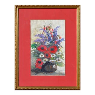 Delphinium, Daisies and Gerber Daisies - Red Floral Bouquet Still-Life For Sale