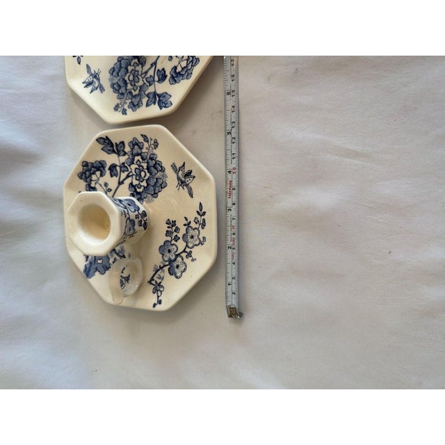 1960s Vintage Mason's Manchu Blue White Ironstone Chamberstick Candle Holders Pair For Sale - Image 5 of 7