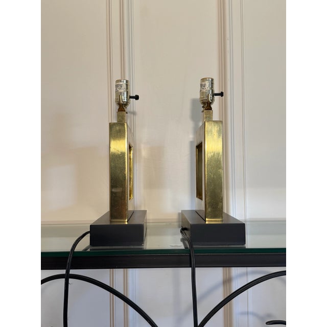 Mid Century Modern Hollywood Regency Square Brass Table Lamps, a Pair For Sale - Image 9 of 12