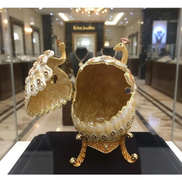 Pierre Lorren Handmade Faberge Egg Style Trinket Peacock Couple Fabergé Egg Style Austrian Crystal Diamond Pure Gold Deco Hand Painted For Sale - Image 16 of 16