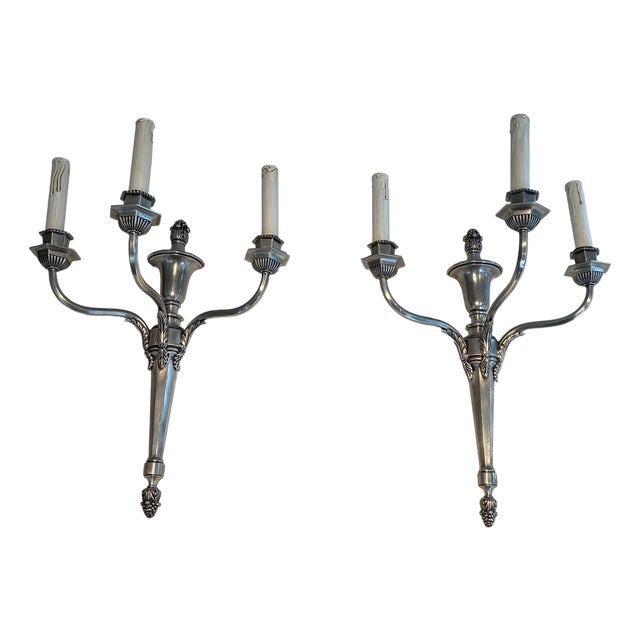 1900 Large silver metal 3-arm wall lights - a Pair For Sale