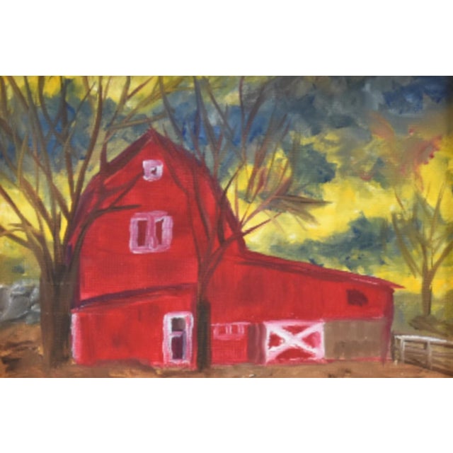 Farmhouse Farmhouse Rustic Red Barn Landscape Oil Painting Including the Antiqued Gold Wood Frame For Sale - Image 3 of 5