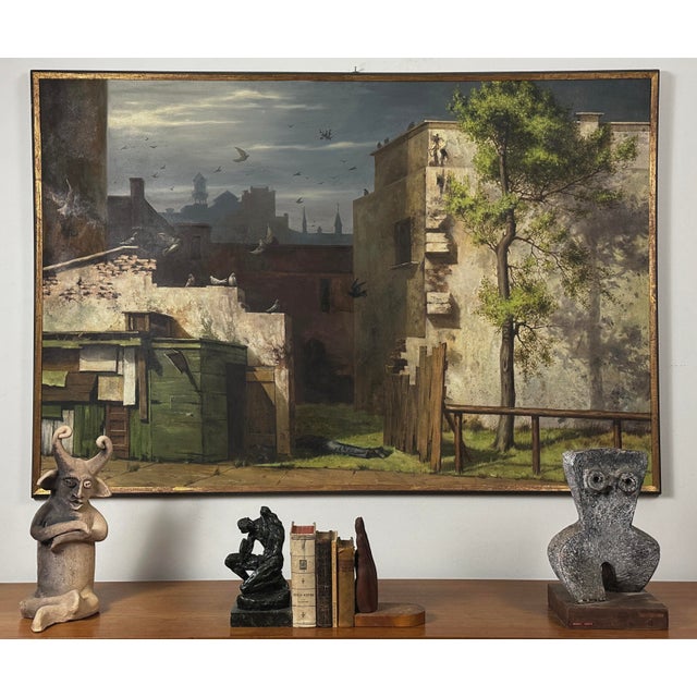 Vintage Fantasy Realist Cityscape with Pigeons and Body by Paul Gorka (c. 1970) Oil on Canvas | Signed | Framed...