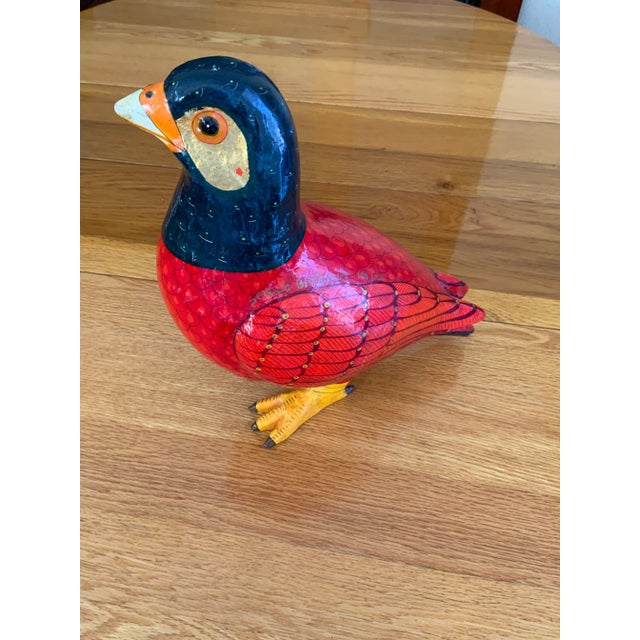 Sergio Bustamente (Mexican, Born 1949). Papier Mâché red, blue, green, and gold pheasant bird sculpture. Artist signature...