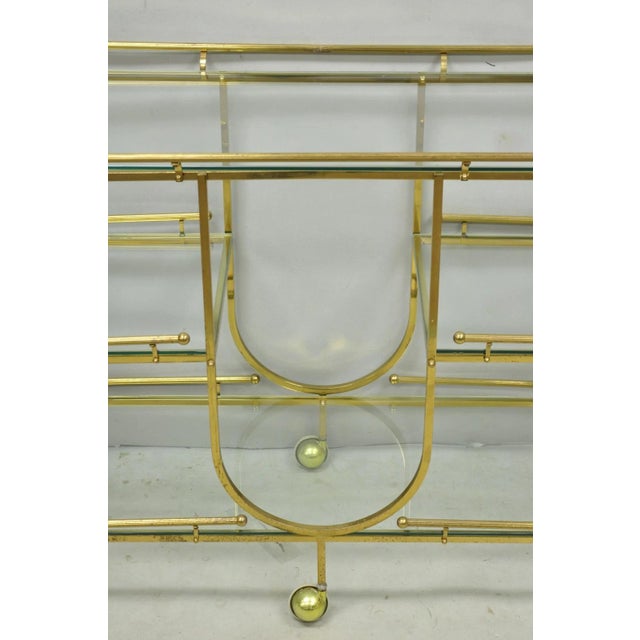 Late 20th Century Vintage Mid Century Modern Brass 3 Tier Oval Frame Rolling Bar Cart Server Table For Sale - Image 5 of 15