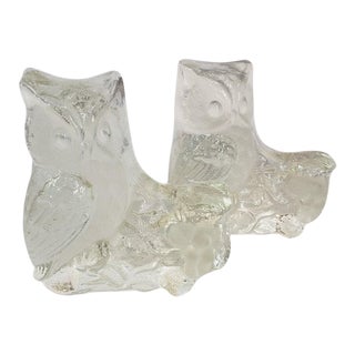 Vintage Mid-Century Viking Glass Rock Crystal Owl Bookends - a Pair For Sale