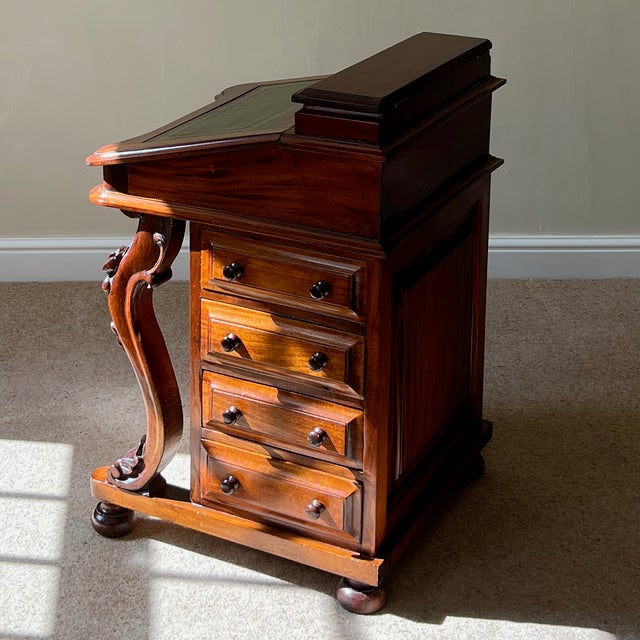 Victorian Mahogany Davenport Desk with Leather Writing Surface and Carved Floral Rosettes, England, 1850s For Sale - Image 6 of 18